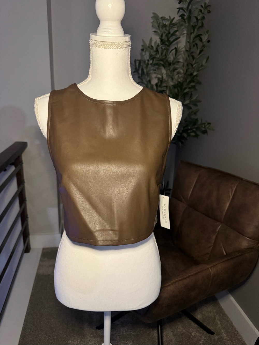 Brown Faux Leather Crop Tank